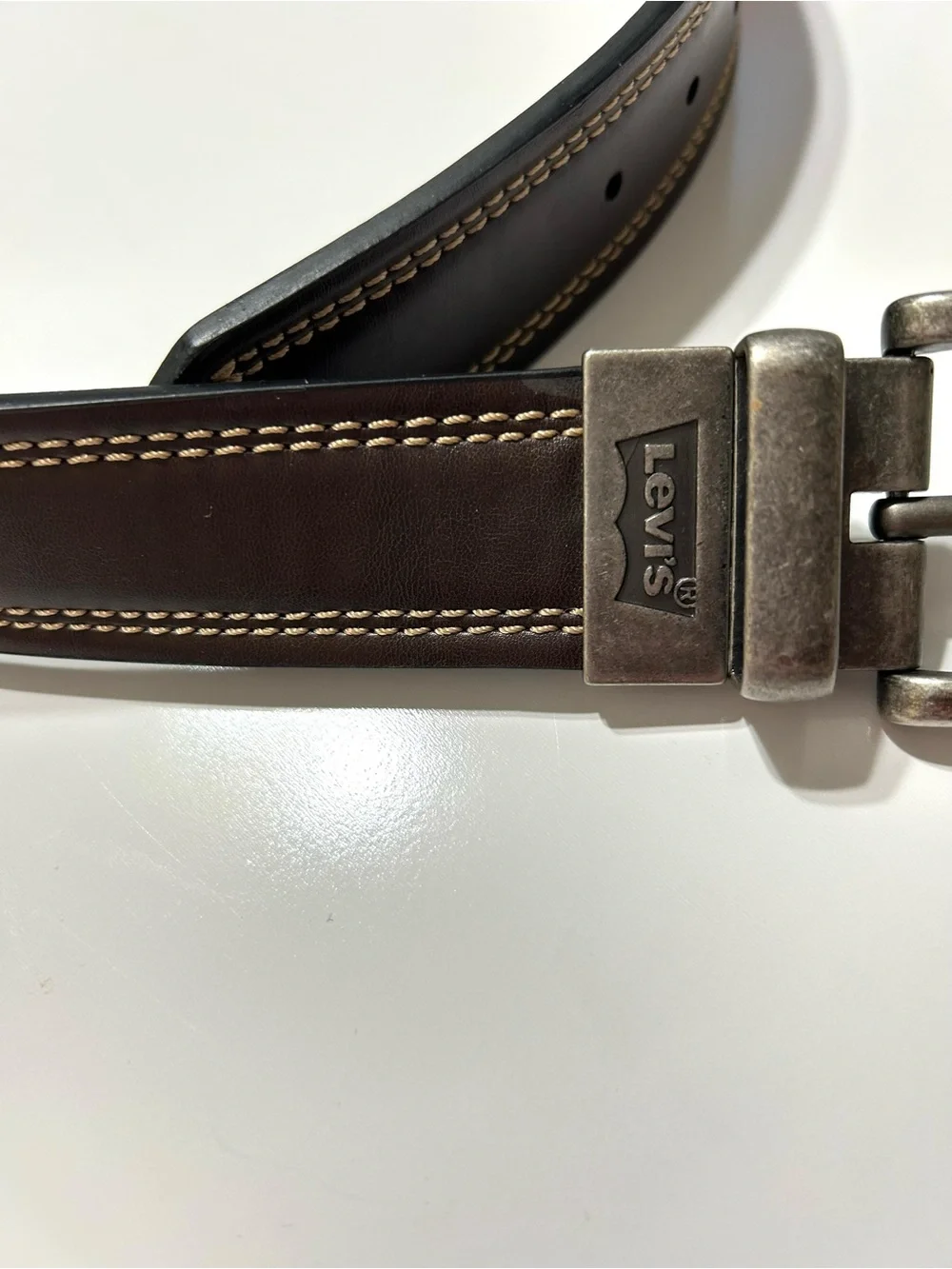 Levi's Men’s Dark Brown Leather Belt with Brushed Silver Buckle